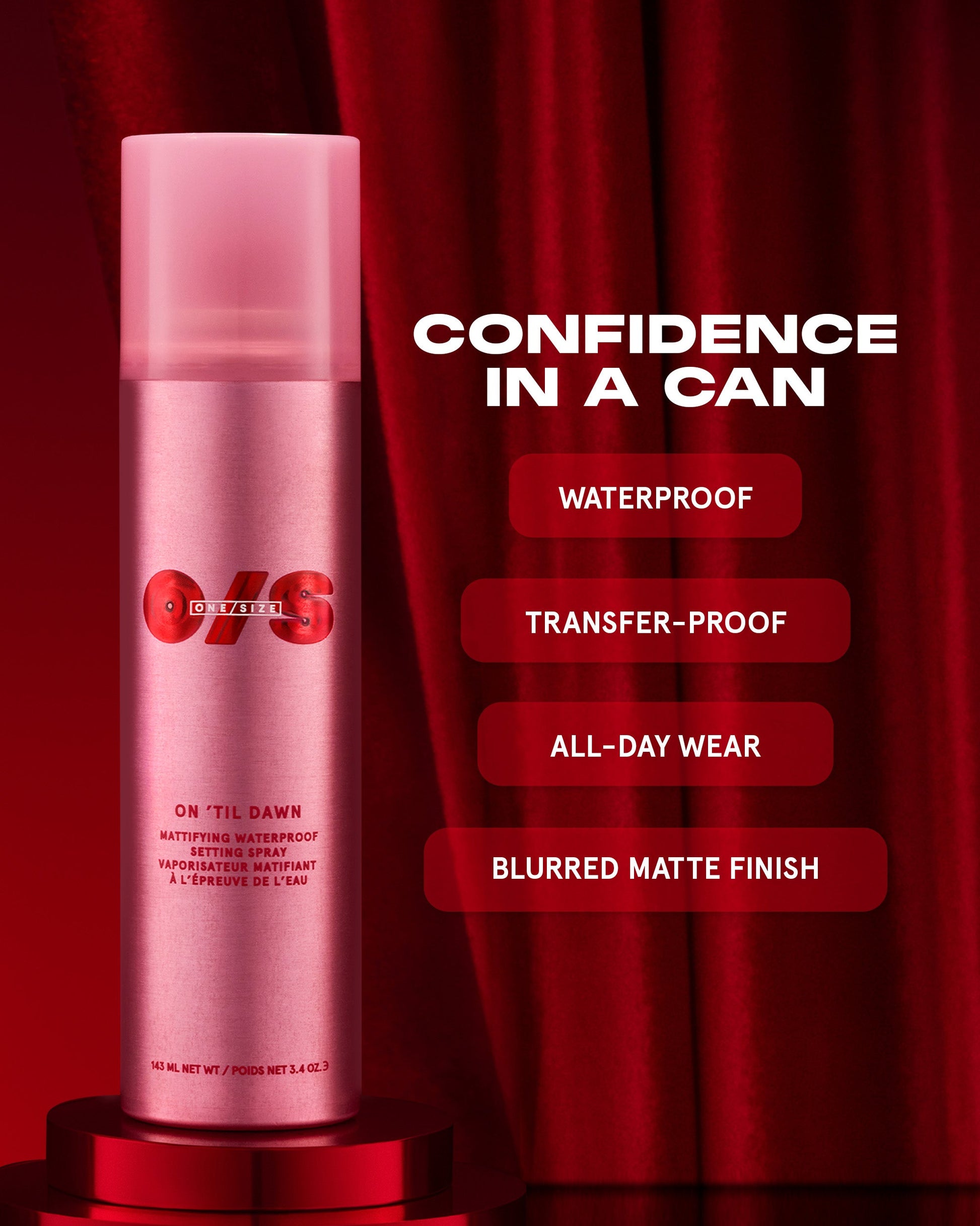 On 'Til Dawn Mattifying Waterproof Setting Spray hero shot, described as confidence in a can for 16-hour matte hold