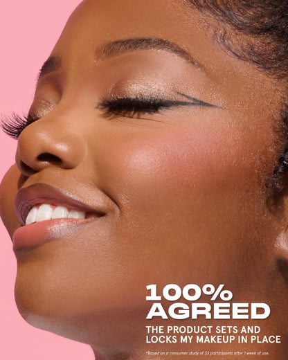Consumer claims results graphic for On 'Til Dawn Setting Spray showing waterproof, transfer-proof, and smudge-proof performance