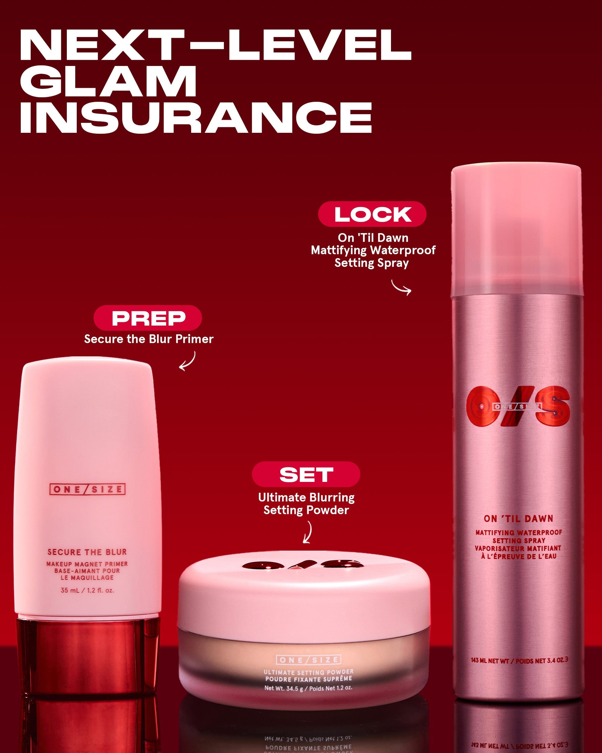 On 'Til Dawn Setting Spray shown as the lock-in step in a prep-and-set makeup routine, paired with complementary ONE/SIZE products