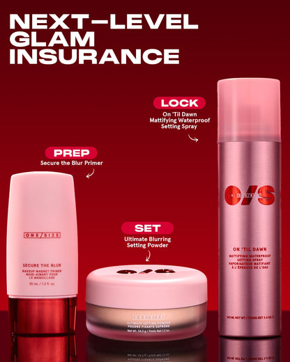 On 'Til Dawn Setting Spray shown as the lock-in step in a prep-and-set makeup routine, paired with complementary ONE/SIZE products