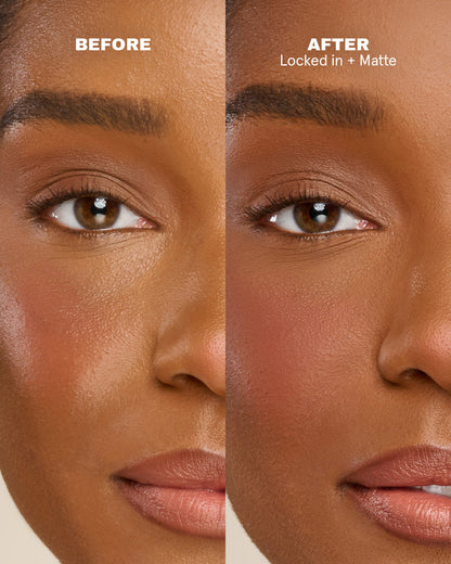 Before and after makeup wear showing On 'Til Dawn setting spray keeping makeup matte after application