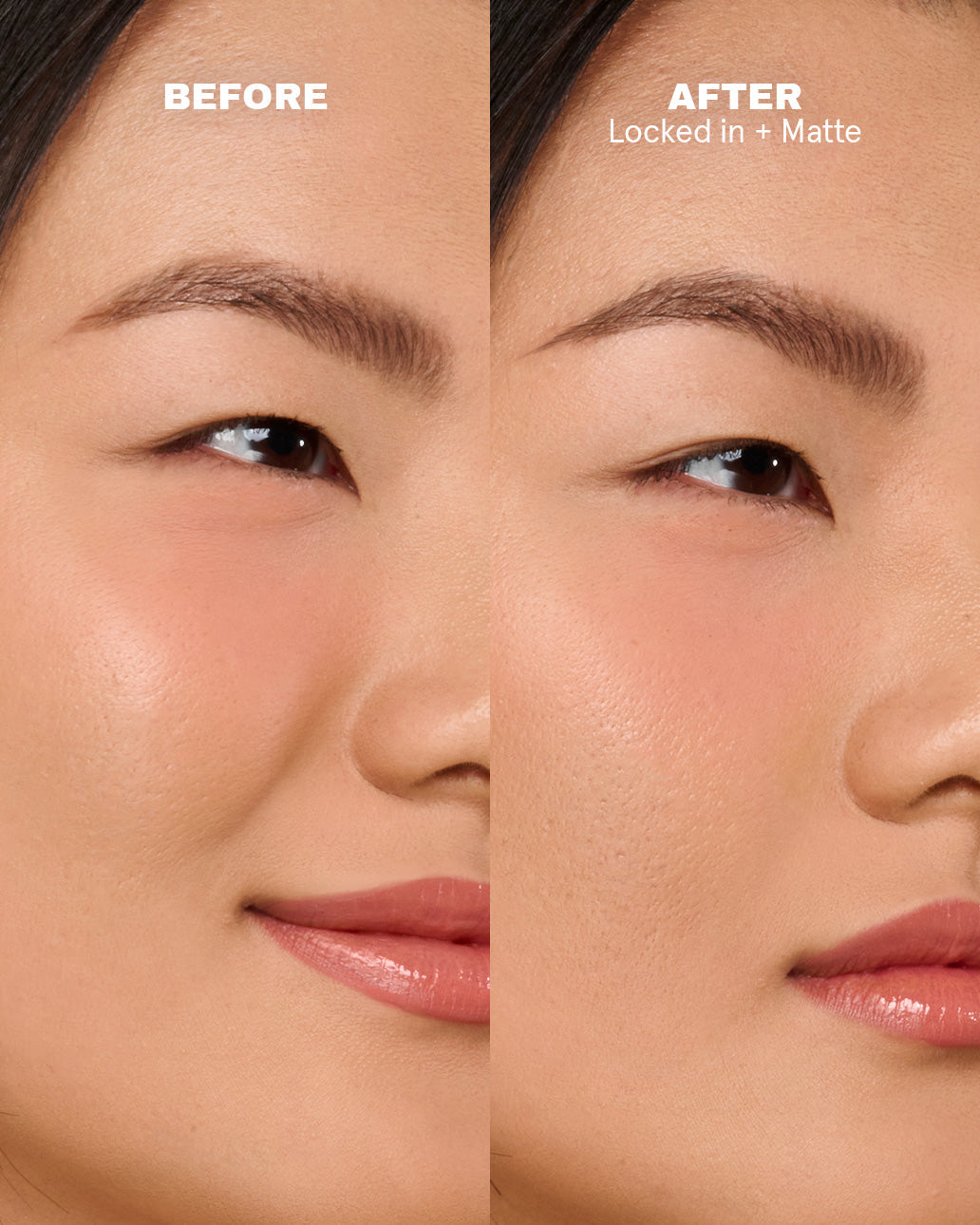 Before and after comparison of skin makeup wear with and without On 'Til Dawn waterproof setting spray