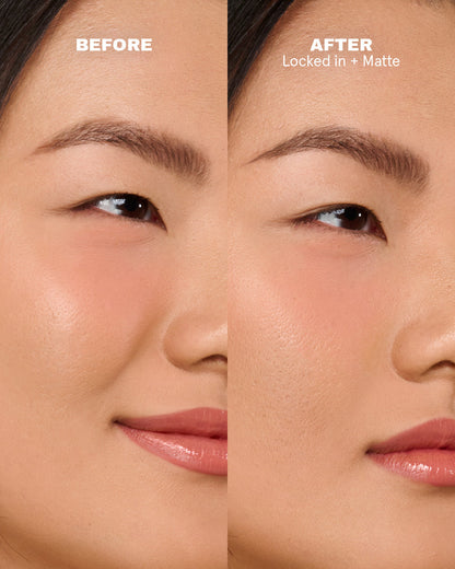 Before and after comparison of skin makeup wear with and without On 'Til Dawn waterproof setting spray