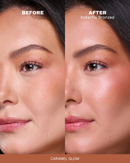 Before and after comparison on light skin tone showing On 'Til Dawn Bronze Veil's sun-kissed glow finish in Caramel Glow